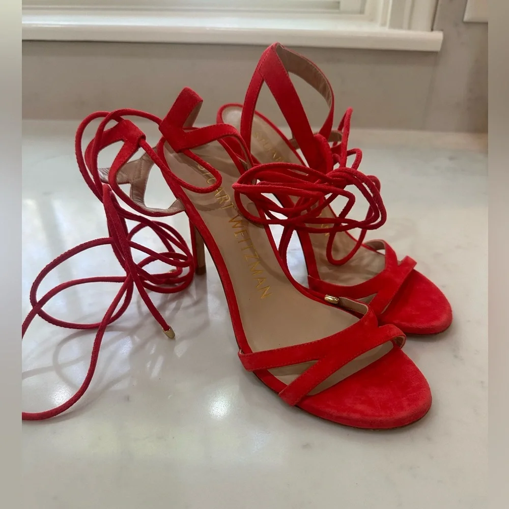 Stuart Weitzman Soiree 100 Red Lace-Up Strappy Heels 5.5 NWOB Designer Shoe - Picture 7 of 14